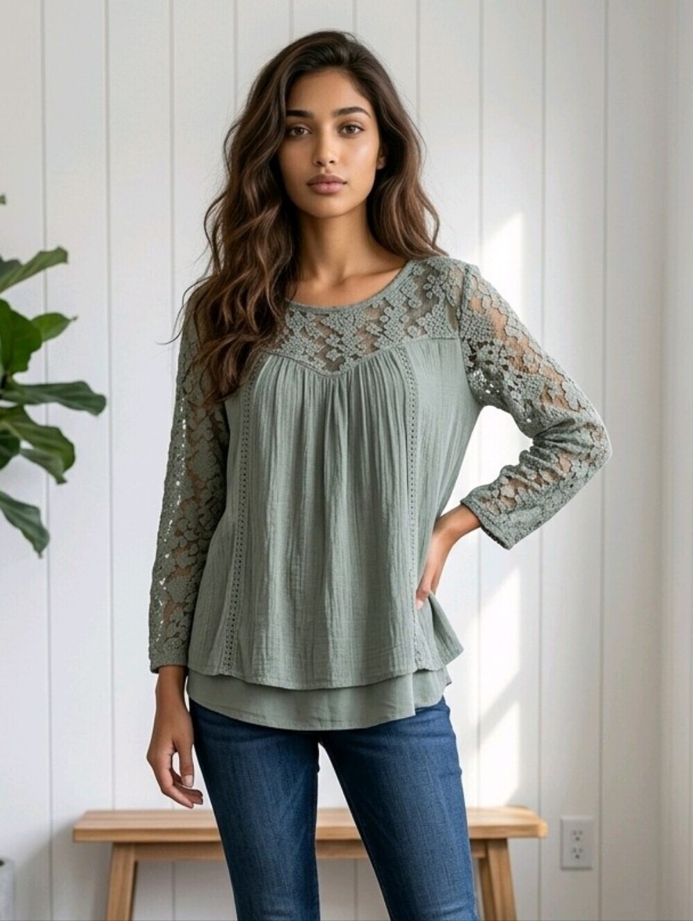 John Paul Richard Top Women Lace Sleeves Beige Boho Peasant Sz L